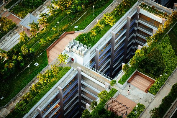 A large building, seen from the above. The roof is lined with walkways and green spaces.
