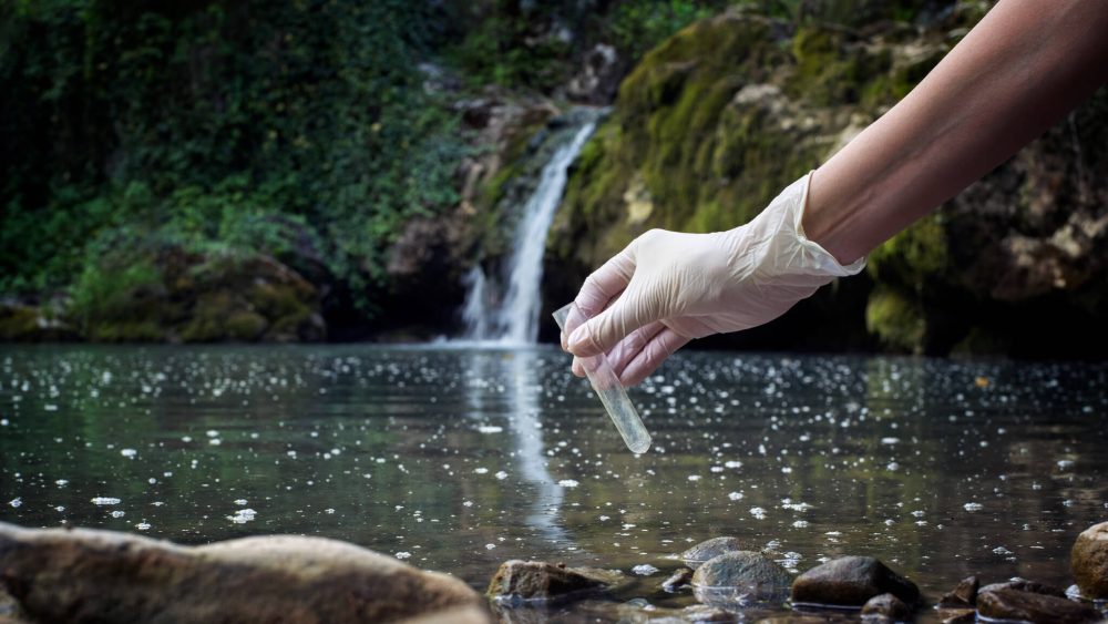 A test tube being held over a body of water