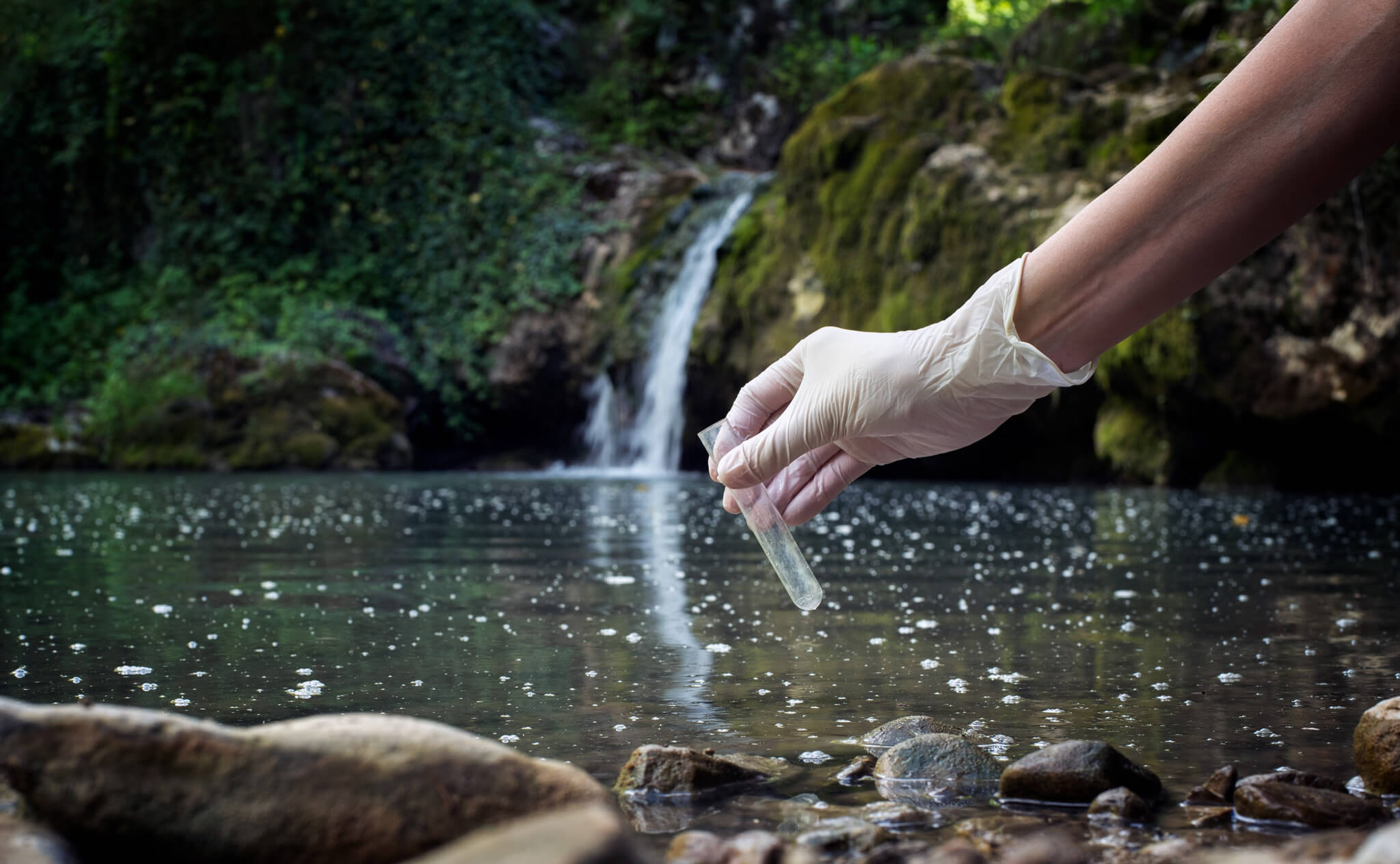 A test tube being held over a body of water
