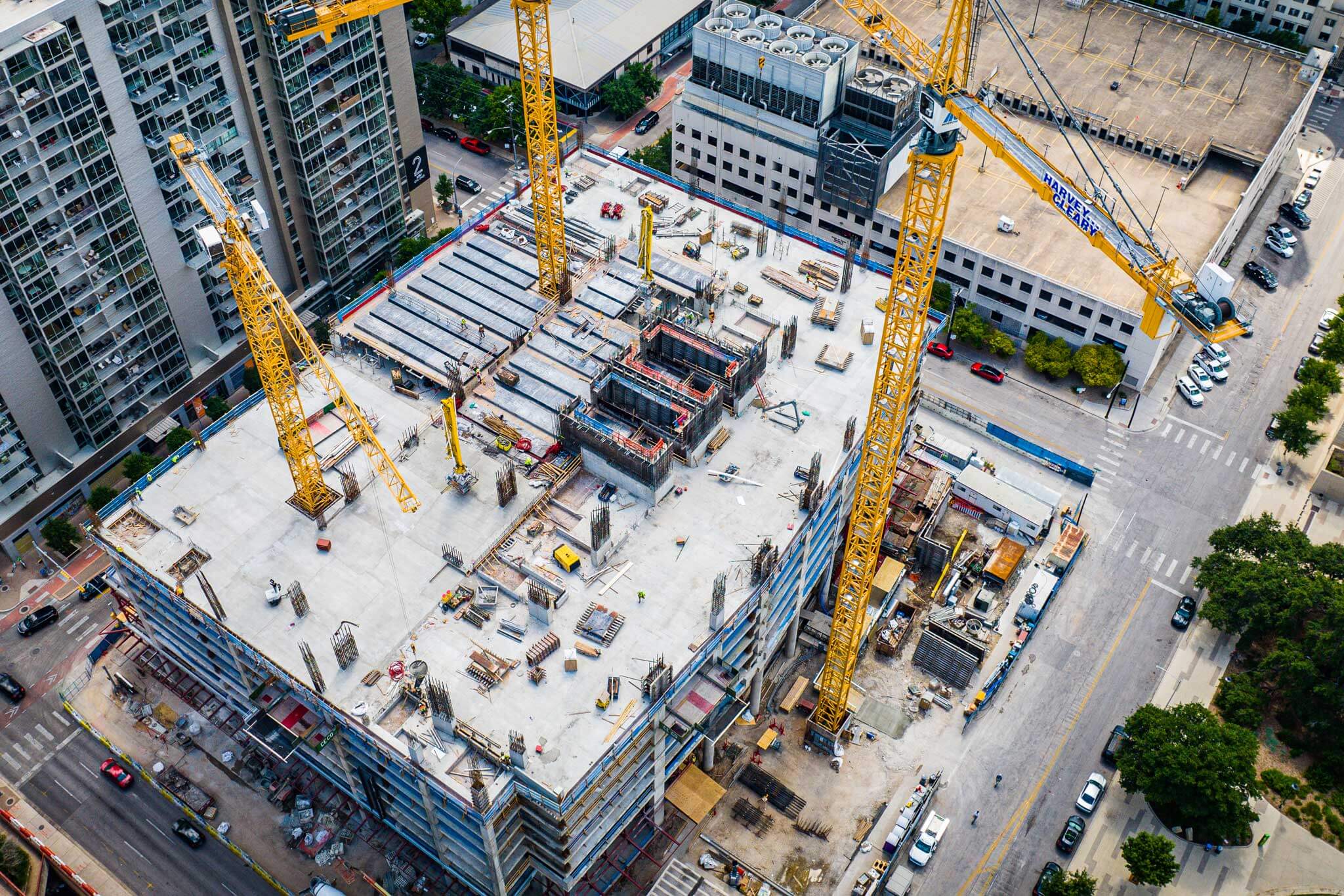 Aerial view of construction of a building in Austin, TX